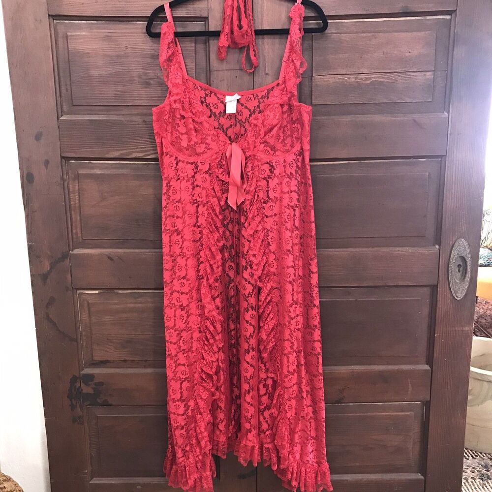 Red Lace Gown Lingerie Thong Bottoms XXL 2X Romantic Boudoir Sheer Floral